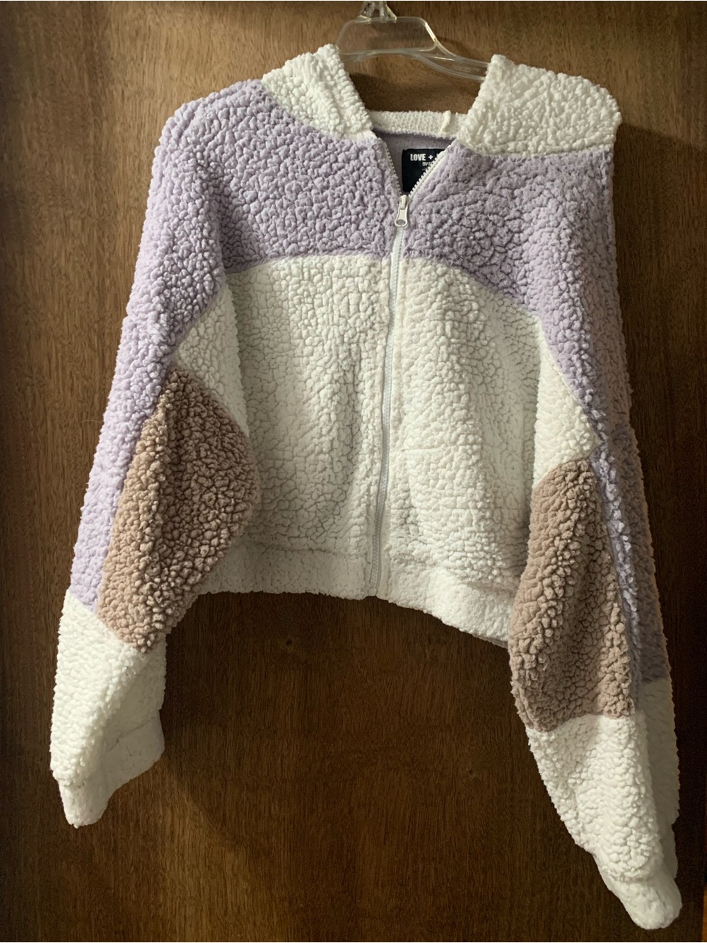 Love + Joy Cozy Cropped Colorblock Sherpa Zip Hoodie in Lavender, Cream & Taupe